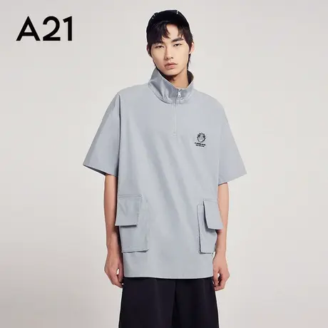 A21outlets男装宽松立领短袖半开筒上衣夏季衬衣男士潮牌衬衫ins图片