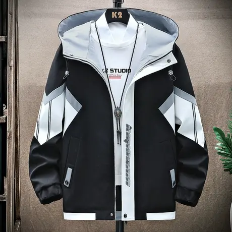 工装外套男春秋款潮牌连帽夹克男秋季青少年休闲宽松加绒褂子衣服商品大图