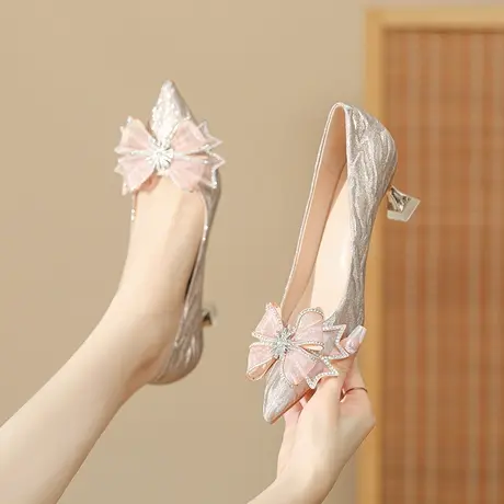 法式婚鞋新娘鞋2023新款蝴蝶结水钻尖头单鞋日常可穿低跟高跟鞋女商品大图
