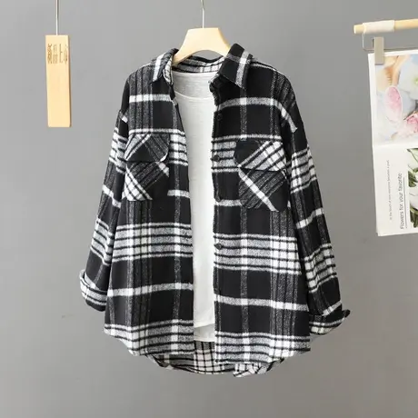 加厚磨毛格子衬衫外套女上衣秋冬小众中长款宽松百搭呢子衬衣开衫商品大图