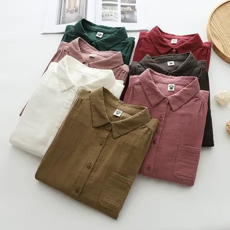 春秋装双层棉纱长袖衬衫女韩版宽松文艺百搭纯棉柔软女士打底衬衣商品大图