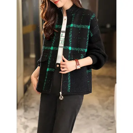 宝诗黎小立领格子亮片时尚短外套女春秋2023新款宽松休闲上衣夹克商品大图