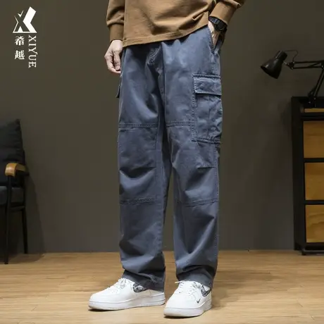 希越重磅纯棉休闲裤男2023秋冬多口袋大码拼接长裤宽松直筒工装裤商品大图
