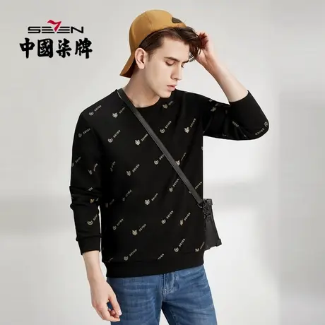 柒牌清仓卫衣男2022时尚潮流青年老虎圆领印花黑色春秋长袖套头衫图片