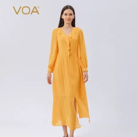 VOA真丝双层乔其纱娃娃领毛边工艺衬衫长袖飘带大摆桑蚕丝连衣裙商品大图