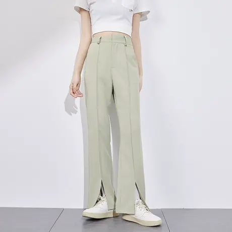 唐狮休闲裤女窄版西装裤夏季纯色显腿长喇叭通勤不对称白色长裤子商品大图