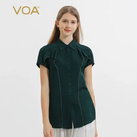 VOA提花桑蚕丝尖领单排扣拼接乔其丝绸黄色明线装饰真丝短袖衬衫图片