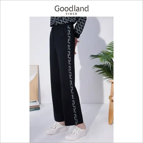 Goodland美地女装冬季设计感高腰垂感直筒针织阔腿裤商品大图
