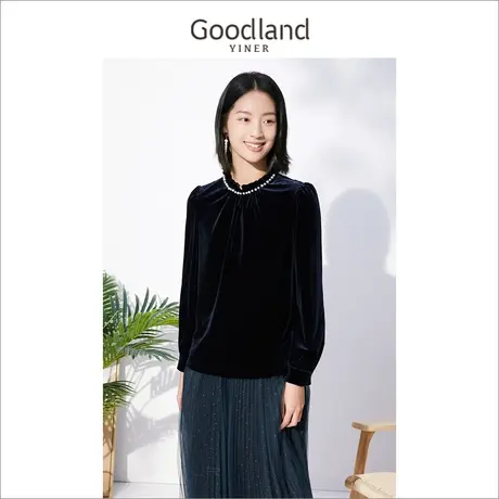 音儿美地女装2022冬季新款木耳边上衣设计感钉珠金丝绒长袖衬衫商品大图