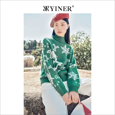 YINER音儿女装冬季印花设计感羊毛针织衫套头上衣商品大图