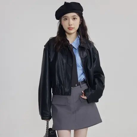 秋季美式复古设计感翻领棕色短款pu皮衣外套女2023新款高级港风图片