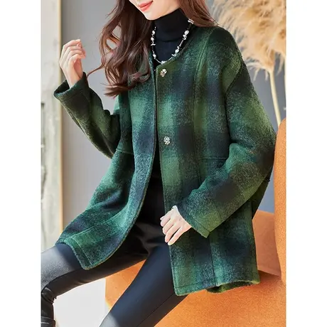 宝诗黎圆领格子夹棉毛呢外套2023秋冬季新款中长女士宽松呢子大衣商品大图