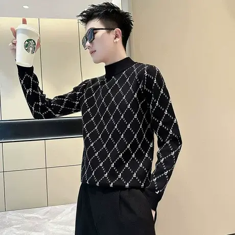 半高领毛衣男秋冬ins菱格休闲高级感痞帅花色修身内搭针织衫线衣商品大图