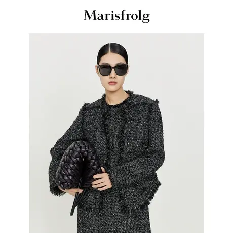 【意大利进口面料】玛丝菲尔冬季新款黑色编织小香风毛呢外套商品大图