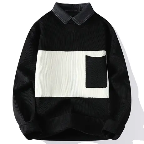 男士假两件毛衣秋冬衬衫领线衣宽松加绒加厚保暖针织羊毛衫外套潮商品大图