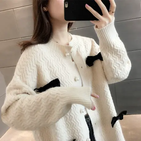 2023春秋新品长袖圆领纽扣蝴蝶结针织衫女士开衫外套韩版宽松上衣商品大图