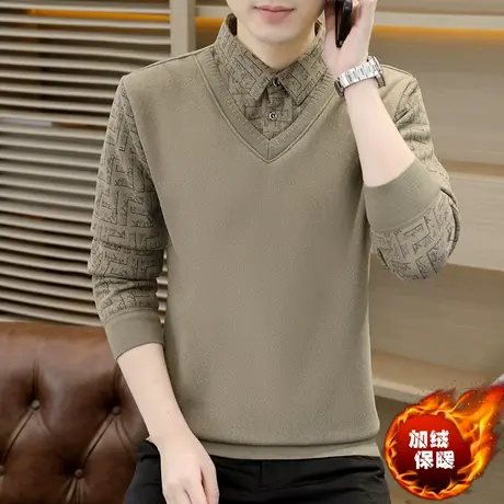 秋冬季假两件衬衫领毛衣男士加绒加厚针织打底衫休闲商务保暖上衣图片