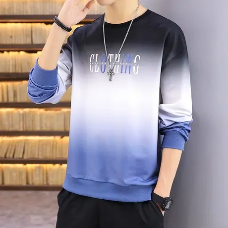 男士长袖t恤衫青年圆领渐变色宽松潮流卫衣百搭印花学生秋衣外套商品大图