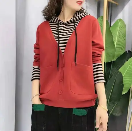 条纹拼接假两件连帽卫衣女长袖 2023春秋季新款宽松时尚减龄上衣商品大图