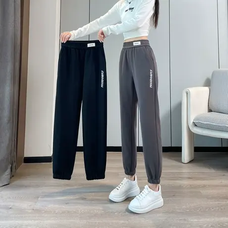 束脚卫裤女2023新款秋季灰色裤子大码宽松高腰休闲运动裤松紧女裤商品大图