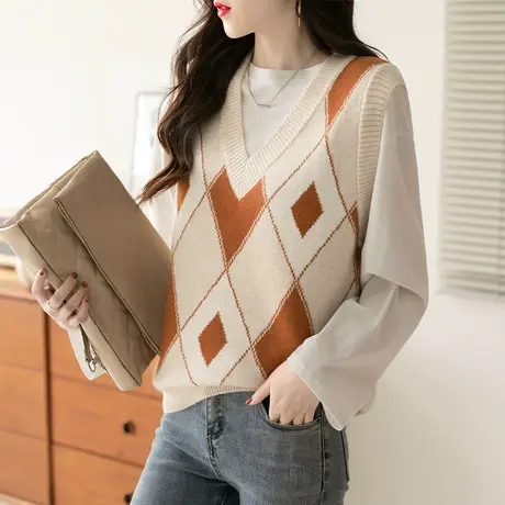 菱格马甲针织背心2024春秋外搭V领宽松秋冬女士毛衣马夹坎肩外穿商品大图