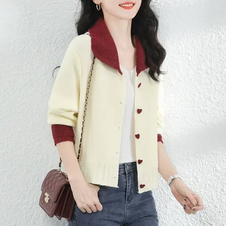 韩潮袭人温柔风撞色娃娃领针织开衫女2023秋季新款显瘦毛衣外套图片