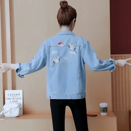 牛仔外套女春秋短款修身韩版新款显瘦长袖上衣破洞刺绣浅色91图片