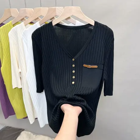 v领冰丝针织衫女2023春夏秋新款内搭打底衫薄款中袖t恤衫外穿上衣商品大图