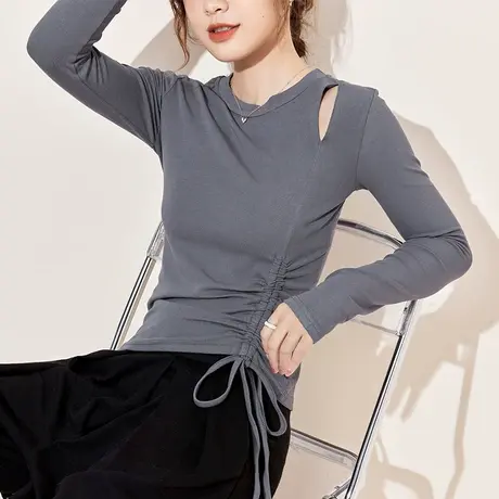 设计感抽绳破洞长袖T恤女春秋季新款纯色小心机内搭修身显瘦上衣图片