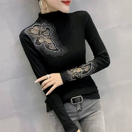 半高领打底衫女秋冬时尚烫钻T恤女长袖网纱拼接上衣性感镂空小衫图片