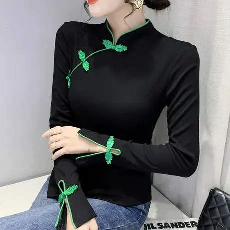 2024春装新款复古盘扣打底衫女长袖设计感不规则上衣显瘦收腰T恤商品大图