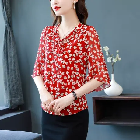 2023夏季新款雪纺衬衫女短喇叭袖大码宽松遮肚小衫中袖时尚女上衣商品大图