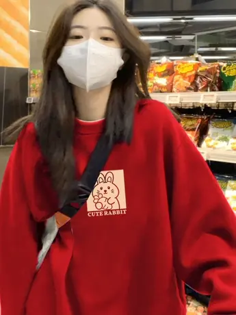 红色兔年本命年衣服卫衣女装秋冬2025新款时尚加绒加厚外套上衣潮商品大图