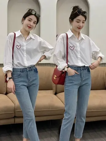 刺绣爱心简约白色polo领衬衫女2023春季新款韩版宽松百搭时尚衬衣图片