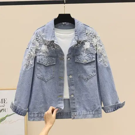 欧洲站2023秋装欧货新款重工镶钻钉珠蕾丝花朵宽松显瘦牛仔外套女商品大图