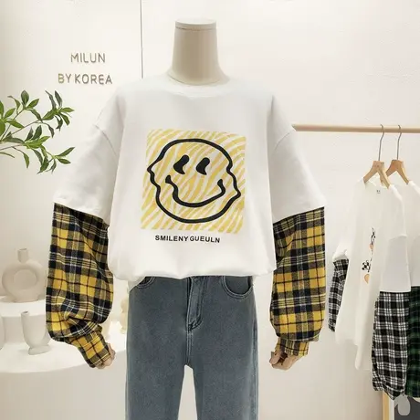 2022春款上衣韩国东大门ins港风笑脸格子衬衫袖T恤假两件大码欧货商品大图