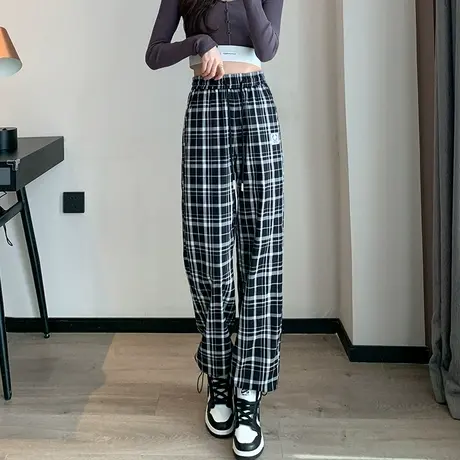 黑白格子裤子女春秋2023高腰宽松直筒垂感两穿休闲裤显瘦阔腿长裤商品大图