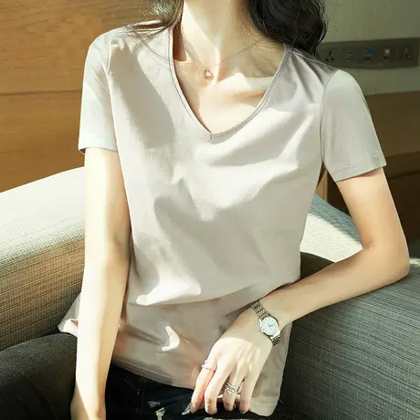 雀后纯棉T恤女短袖白色夏装2023新款打底衫V领体恤宽松韩版上衣潮图片
