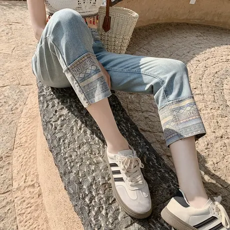 烟管牛仔裤女春秋新款翻边高腰宽松小个子显瘦设计感直筒法棍裤子商品大图