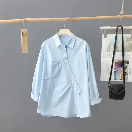 韩范小众休闲衬衫女长袖宽松百搭设计感纯色2024洋气衬衣法式上衣图片