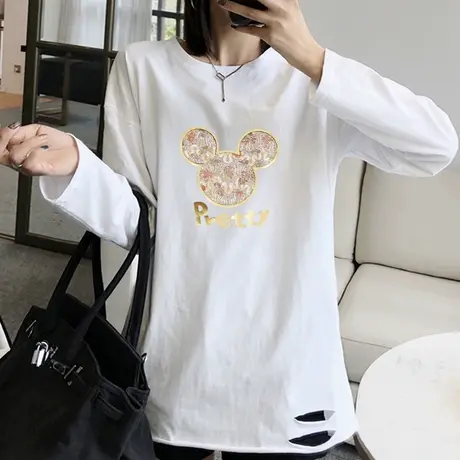 白色T恤女中长款磨毛上衣2022秋季新款宽松韩版卡通印花纯棉长袖图片