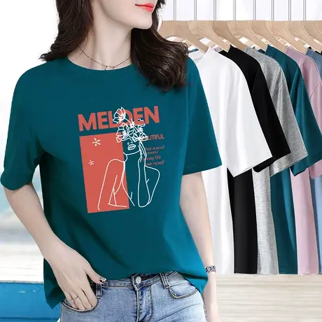 纯棉半袖女t恤夏季外穿落肩宽松休闲简约百搭短袖基础款印花上衣商品大图