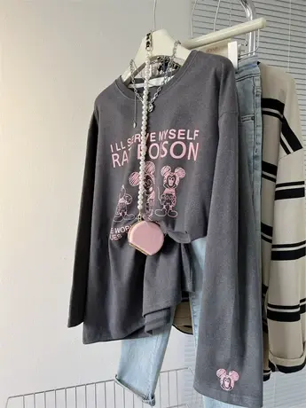 韩系~双面绒磨毛棉宽松中长款上衣卡通图案女秋冬加绒长袖打底T恤商品大图