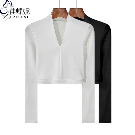 早秋新款V领修身短款性感纯棉辣妹高腰纯色长袖体恤上衣女打底衫商品大图