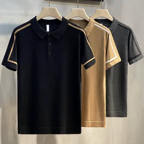 polo衫男短袖夏季透气条纹针织衫轻商务休闲修身翻领高端男士t恤商品大图