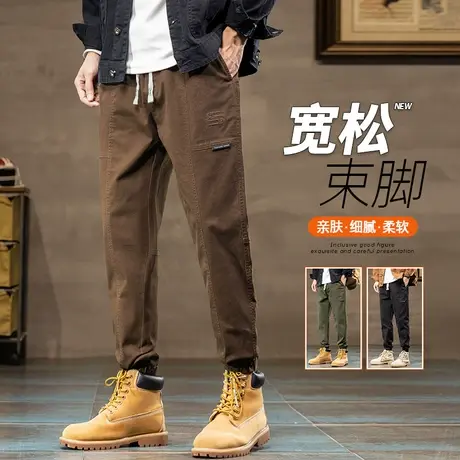 卡其色纯棉高端束脚男士春季休闲裤子春秋款宽松紧腰美式工装春天商品大图