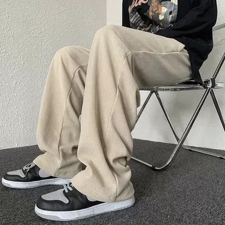 灯芯绒裤子男春秋季美式垂感阔腿拖地长裤潮牌宽松直筒休闲运动裤商品大图