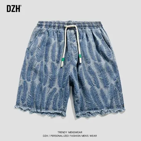 男生牛仔短裤男夏季宽松毛边羽毛印花中裤ins潮牌运动高街五分裤商品大图