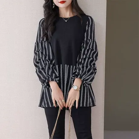 2024春季新款大码装条纹衬衫女宽松显瘦时尚胖mm百搭灯笼袖上衣潮图片