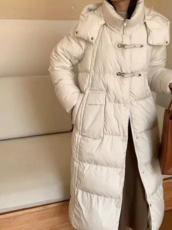 宽松连帽长款羽绒服女冬装2023新款韩版加厚过膝白鸭绒高级感外套图片